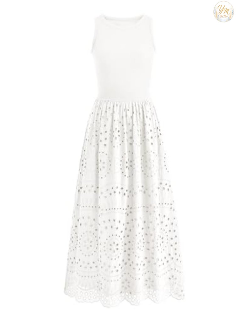 Sleeveless Lace Eyelet Cotton Maxi Dress With Pockets
